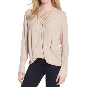 Trouve Cream/Tan Lace Up Long Sleeve Top XS